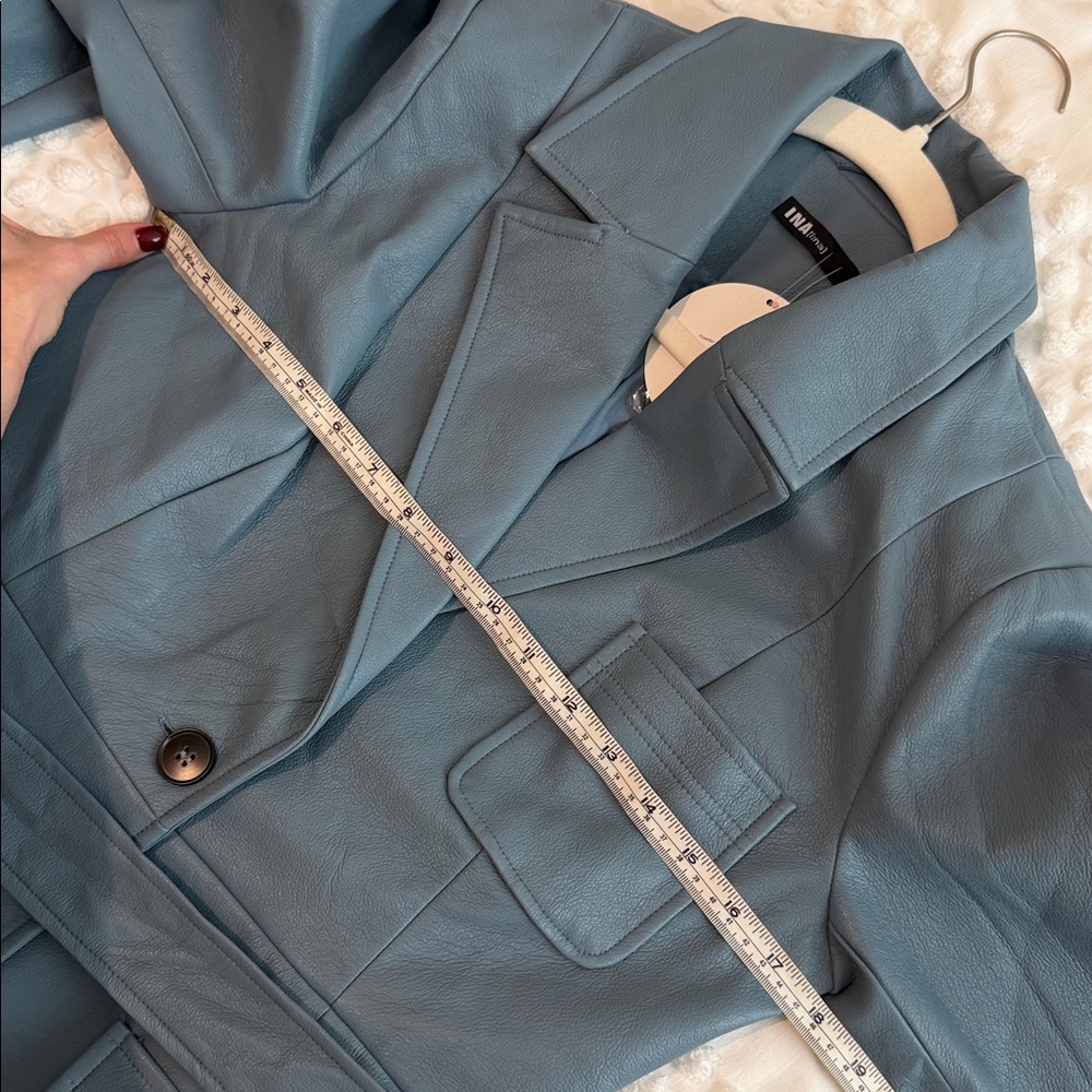 Au Darling Powered Blue Faux Leather Belted Jacket Small New - Picture 10 of 13